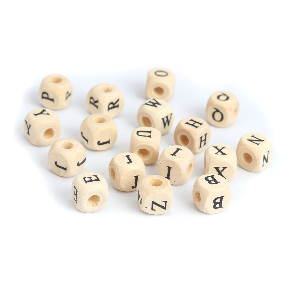 500 Square Wood Letter Beads Unfinished Bead with Black Letters 10mm with 4mm Hole