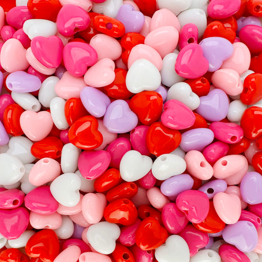 Assorted 10mm heart-shaped acrylic beads in red, pink, purple and white colors.