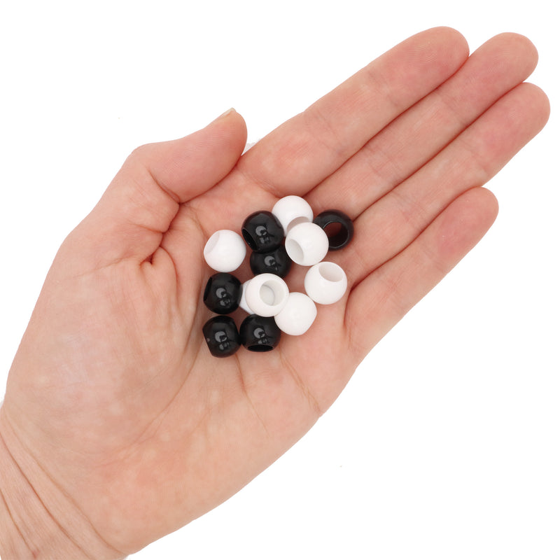 300 Black and White Glossy Acrylic Beads 12mm Diameter with 5.7mm Extra Large Hole