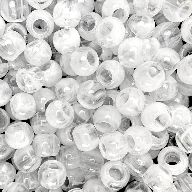 300 Clear and White Marbled Glossy Acrylic Large Hole Beads 10mm x 12mm with Big 5.7mm Wide Hole