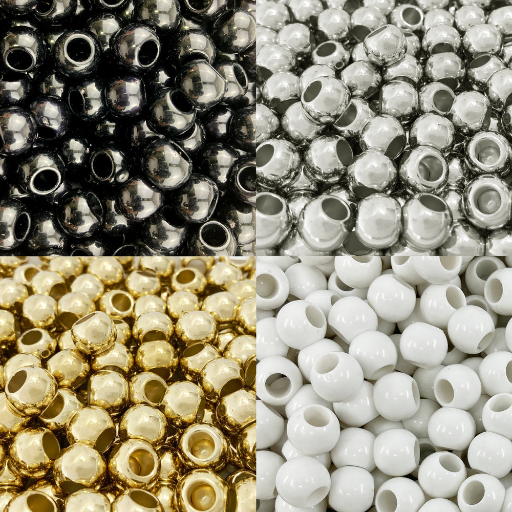 500 Glossy Black Tie Mix Acrylic Large Hole Beads 10mm with 4.8mm Hole in  Black, White, Silver and Gold