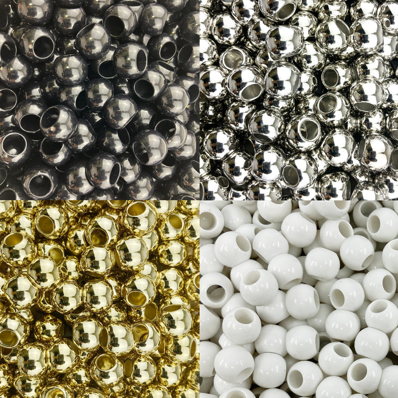 300 Glossy Black Tie Mix Acrylic Large Hole Beads 12mm with 5.7mm Hole in Black, White, Silver and Gold