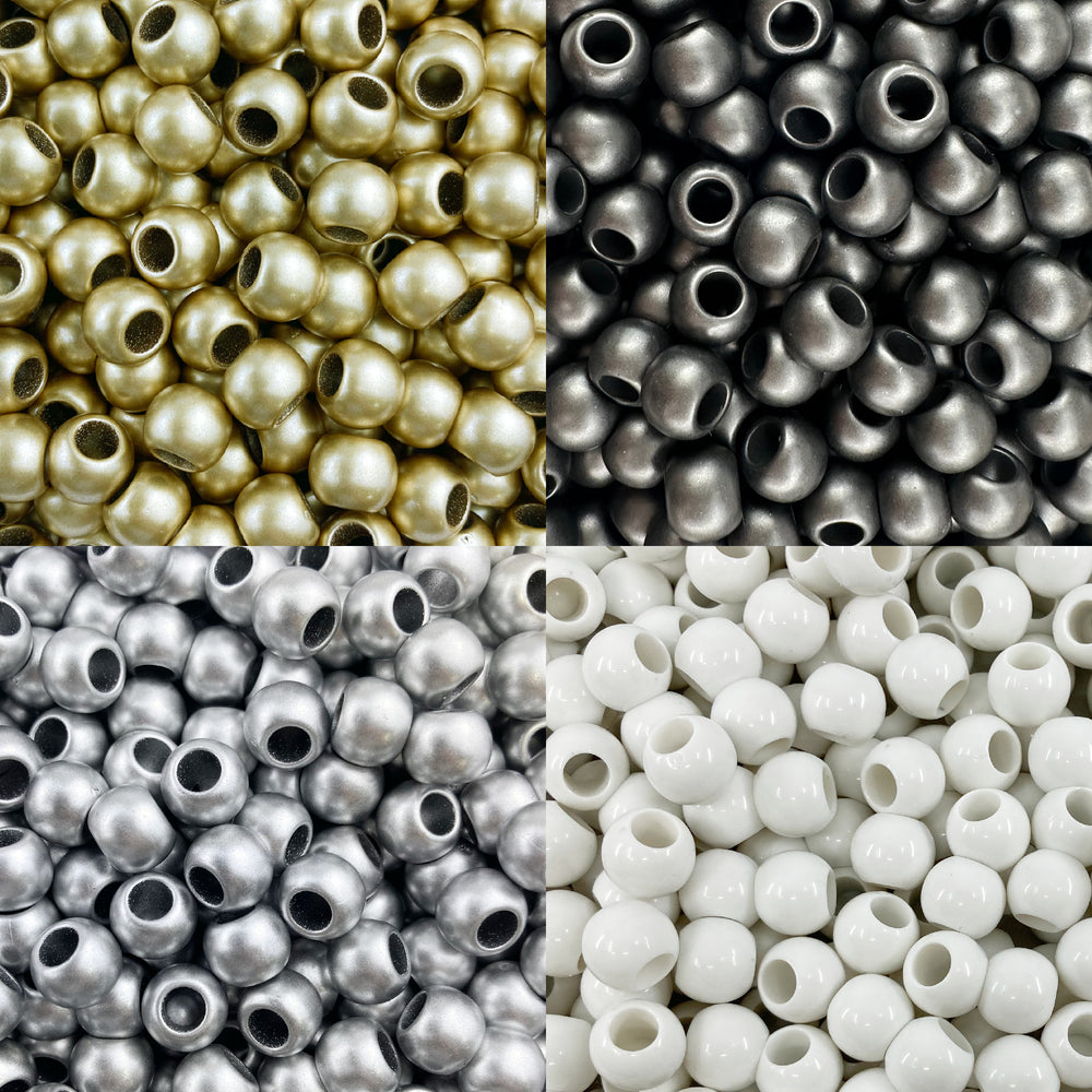 500 Matte Metallic Black Tie Mix Acrylic Large Hole Beads 10mm with 4.8mm Hole in Black, White, Silver and Gold
