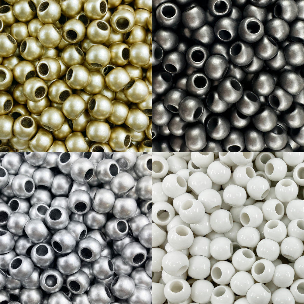 500 Matte Metallic Black Tie Mix Acrylic Large Hole Beads 10mm with 4.8mm Hole in Black, White, Silver and Gold