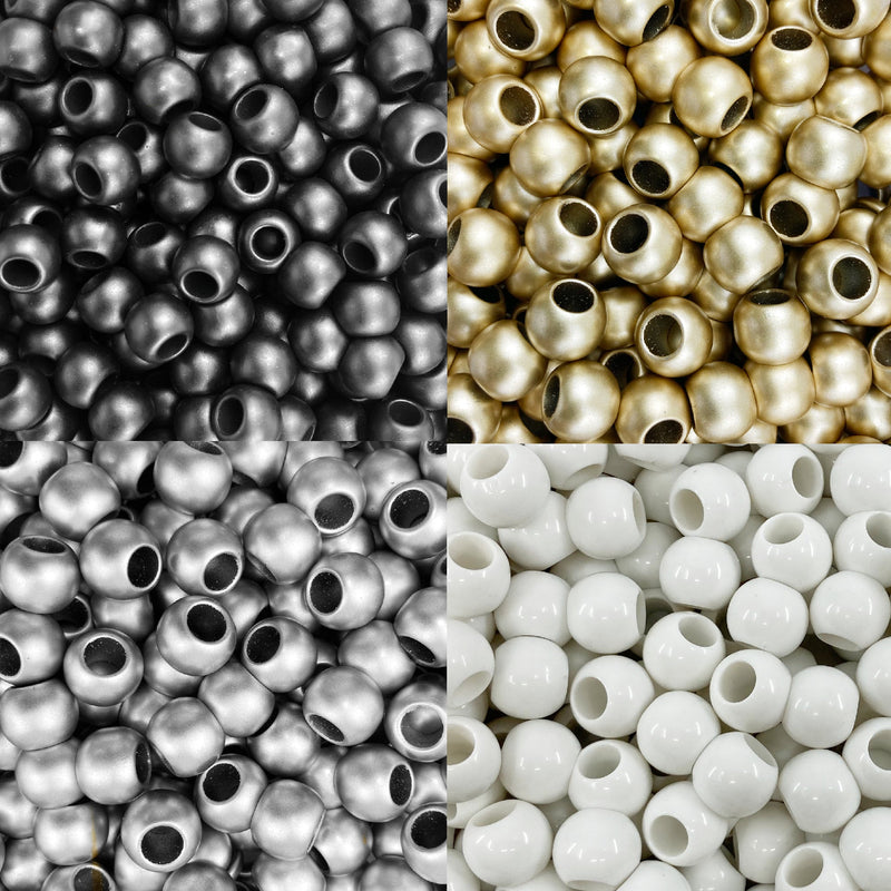 300 Matte Metallic Black Tie Mix Acrylic Large Hole Beads 12mm with 5.7mm Hole in Black, White, Silver and Gold