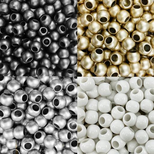300 Matte Metallic Black Tie Mix Acrylic Large Hole Beads 12mm with 5.7mm Hole in Black, White, Silver and Gold