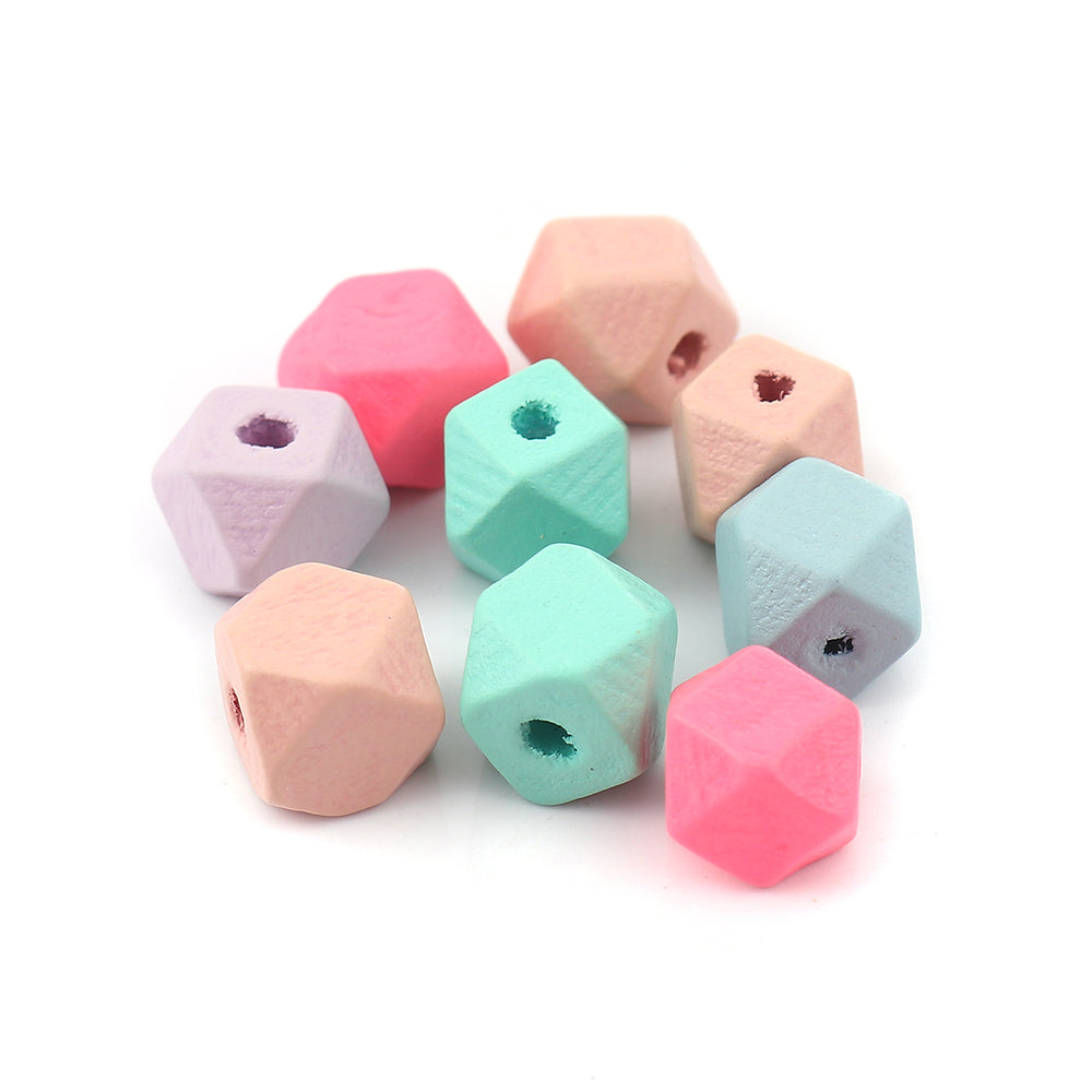60 Pastel Geometric Wood Beads 3/8 Inch or 10mm Faceted Painted Wood Beads with 2.6mm Hole