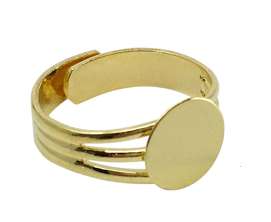 Gold Plated Adjustable Ring Blank Finding with 10mm Glue on Pad for Ring Components - 12 Pcs
