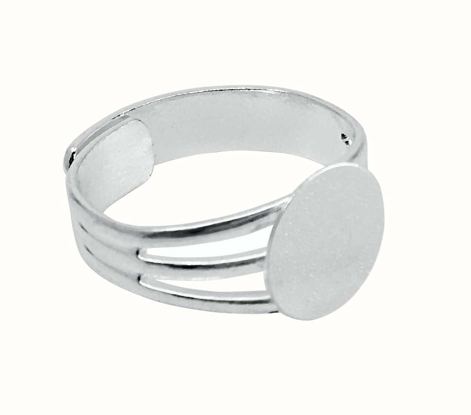 Silver Plated Adjustable Ring Blank Finding with 10mm Glue on Pad for Ring Components - 12 Pcs
