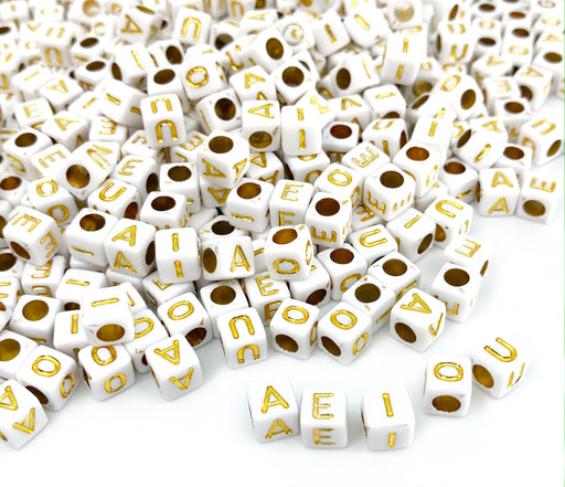 500 White and Gold Acrylic Letter Beads Vowels Only 6mm with 3.4mm Hole