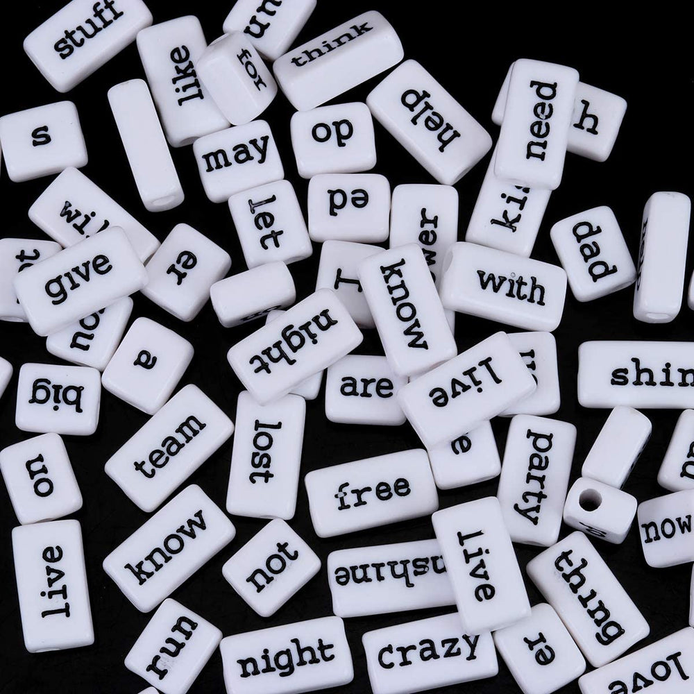 100 Grams White Acrylic Phrase Beads with Black Letters 10mm with 3.1mm Hole