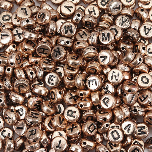 1,000 Round Rose Gold Acrylic Letter Beads with Black Letters 7mm with 1.4mm Hole