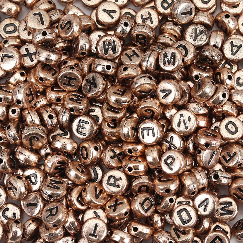 1,000 Round Rose Gold Acrylic Letter Beads with Black Letters 7mm with 1.4mm Hole
