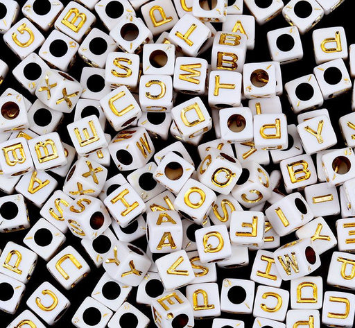 600 White Acrylic Letter Beads with Gold Letters 7mm with 3.8mm Hole