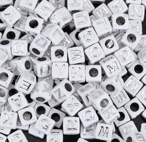 300 Round White Acrylic Letter Beads with Silver Letters 10mm or 3/8 Inch  with 2.1mm Hole