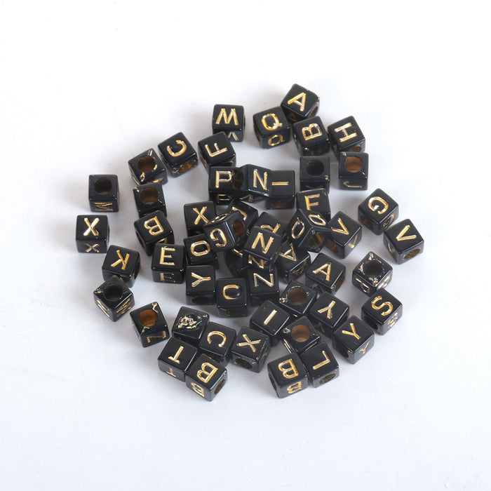 1,000 Black Acrylic Letter Beads with Gold Letters 6mm with 3.4mm Hole