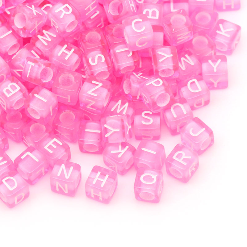 Dark Pink Transparent 6mm Cube Alpha Beads - White Letter Mix (200pcs)