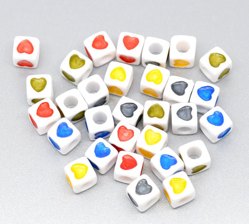 500 White Acrylic Letter Beads with Multicolor Hearts 6mm with 3.4mm Hole