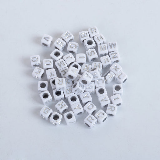 1,000 White Acrylic Letter Beads with Silver Letters 6mm with 3.4mm Hole