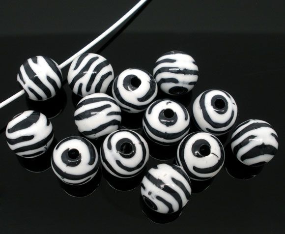 150 Round Zebra Print Acrylic Beads 12mm with 2.5mm Hole