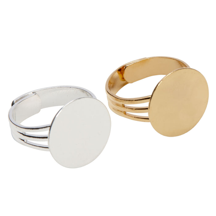 Gold and Silver Plated Ring Blanks with 16mm Flat Adjustable Ring Base - 12  Ring Blanks Total