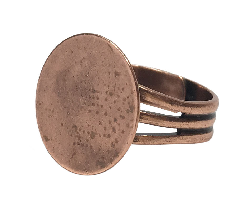 Antiqued Copper Plated Ring Blanks with 16mm Flat Adjustable Ring Base - 12 Ring Blanks Total