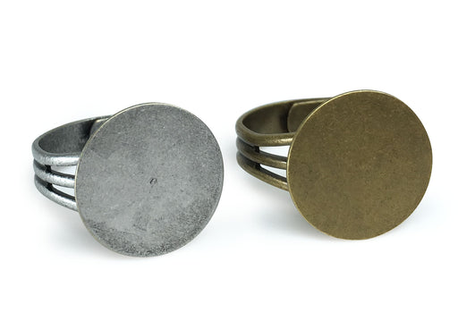 Antique Brass and Antique Silver Ring Blanks with 16mm Flat Adjustable Ring Base 6 Pcs Brass and 6 Pcs Silver - 12 Blank Rings Total