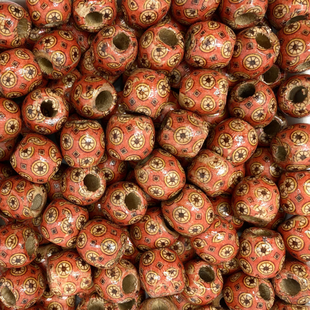 160 Macrame Beads in Red with Circles Design 17mm x 16mm with 7.4mm Large Hole Wooden Beads