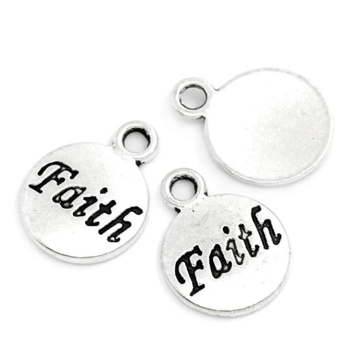 50 Antique Silver Circle Round Faith Word Charm with Ring 15 x 12mm