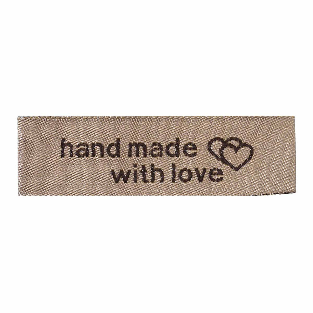 50 Count Handmade Fabric Labels with Interlocking Hearts Light Coffee Color 50mm x 15mm