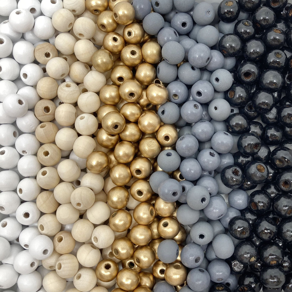 500 Farmhouse Colors 10mm Round Wood Bead Mix in Gold, Natural, White, Black and Gray - Hole Size Varies