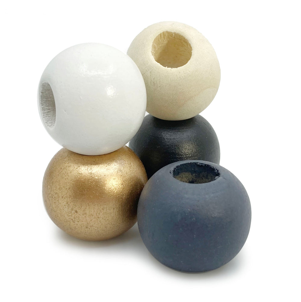 30 Multicolor Wooden Macrame Beads 24mm Diameter with 9mm Large Hole in Gold, White, Natural, Black and Grey