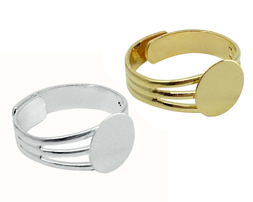 12 Gold and Silver Plated Adjustable Ring Blanks with 10mm Pad