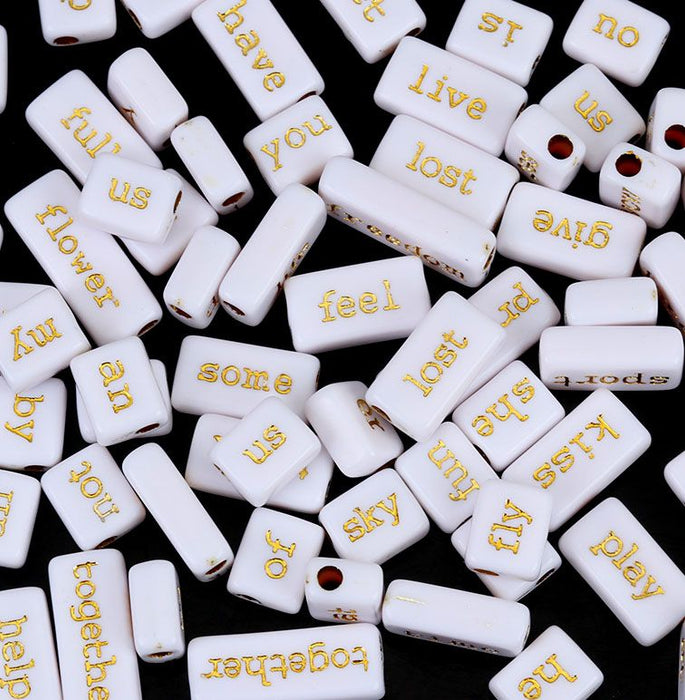 100 Grams White Acrylic Phrase Beads with Gold Letters 10mm with 3.1mm Hole