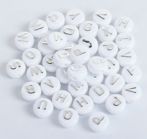 300 Round White Acrylic Letter Beads with Silver Letters 10mm or 3/8 Inch with 2.1mm Hole