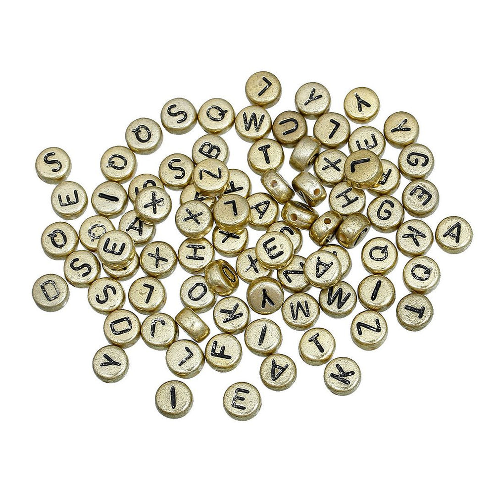 500 Round Gold Acrylic Letter Beads with Black Letters 7mm with 1mm Hole