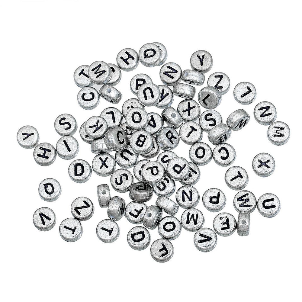 500 Round Silver Acrylic Letter Beads with Black Letters 7mm with 1mm Hole