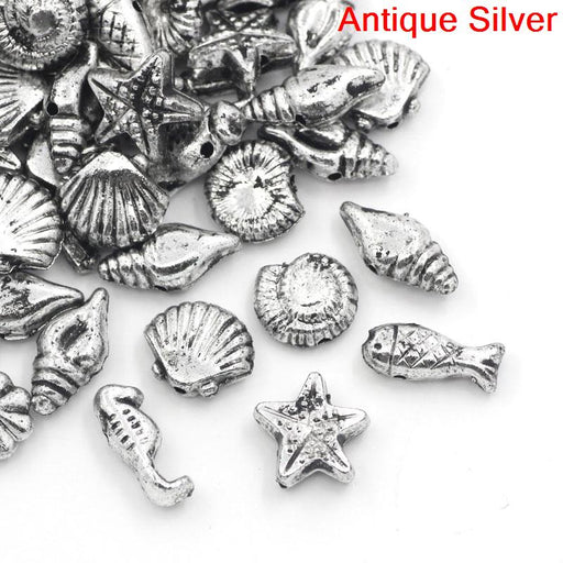 1000 Silver Acrylic Seashell and Fish Shapes Beads Assorted Sea Creatures 7 to 15mm or 1/4 x 5/8 Inch Diameter with 1mm Hole