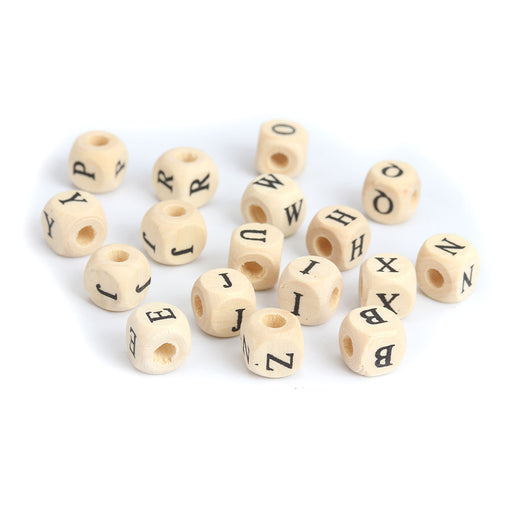 500 Square Wood Letter Beads Unfinished Bead with Black Letters 10mm with 4mm Hole
